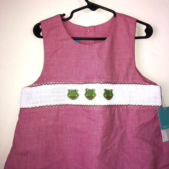 NWT Anavini Girls Hand Smocked Red Jumper Dress Frog Design - 100% Cotton Size 6 - Picture 2 of 7